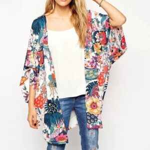 Bat Sleeve Chiffon Flower Kimono Sun Protection Suit